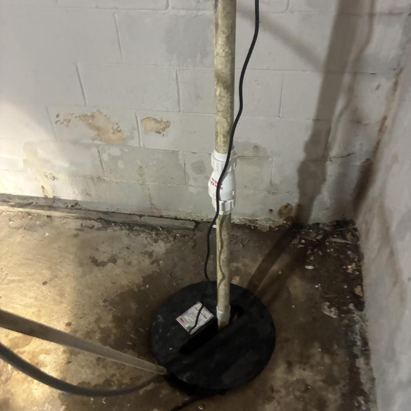 Primary sump pump with discharge pipe in basement