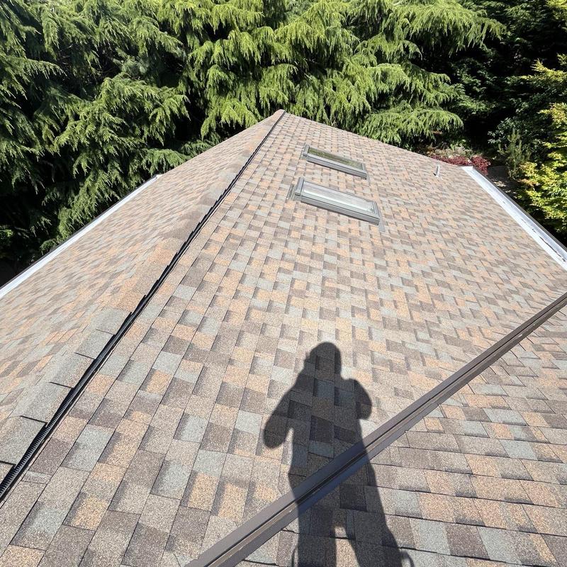 Asphalt shingle roof with skylights and ridge vent