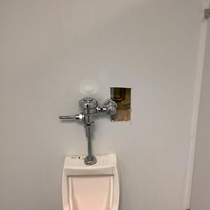 Urinal flush valve and wall cutout for leak inspection