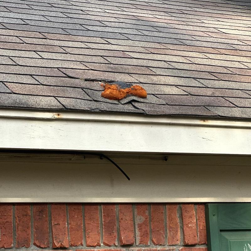 Roof shingles with burnt or damaged spot near gutter