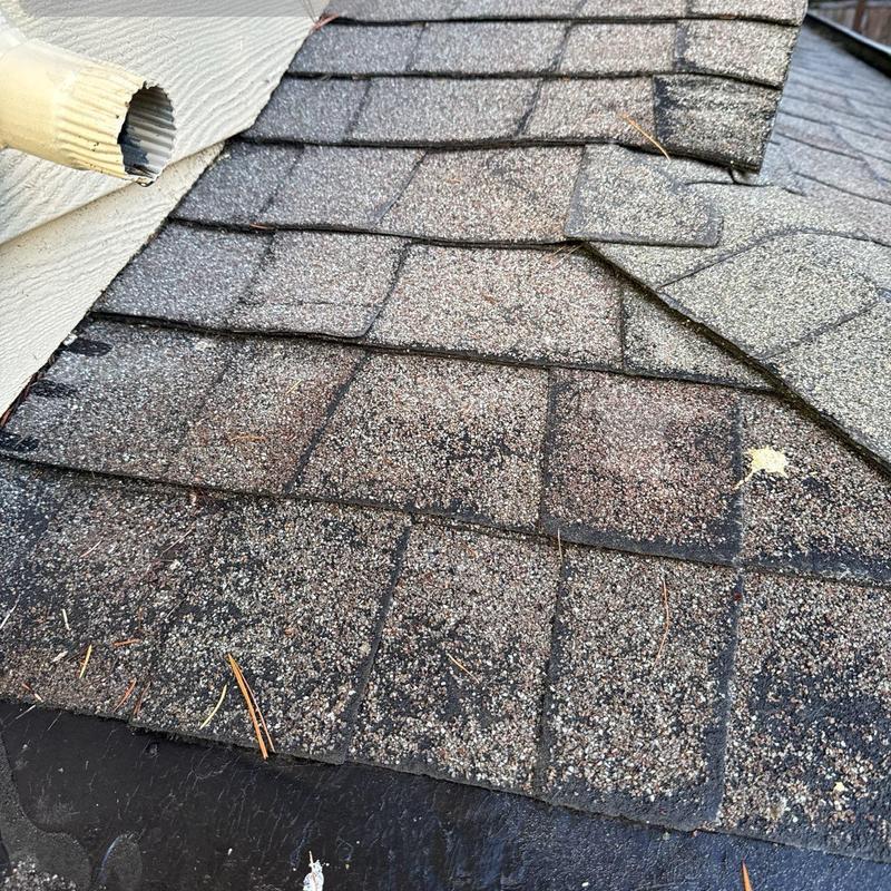 Asphalt roof shingles with wear and damage signs