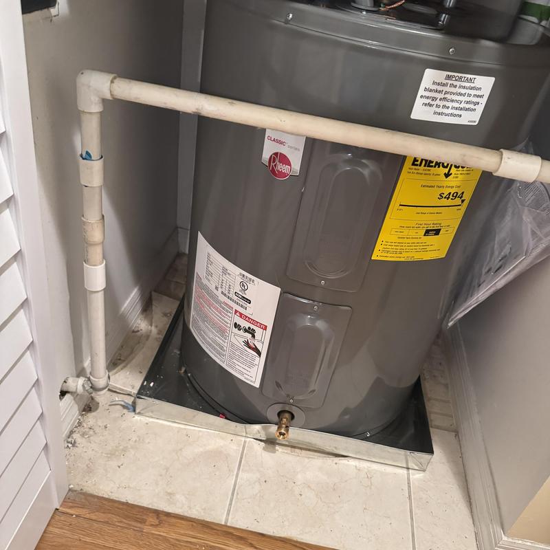 38 gal low boy water heater with new pan and ball valve