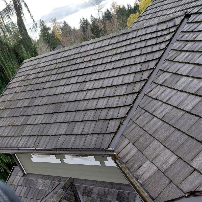 Wood shingle roof with moss buildup and debris removal needed