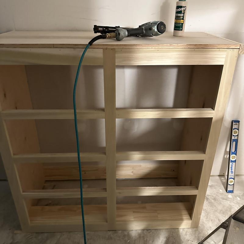 Vanity cabinet frame installation with pneumatic nailer Vanity cabinet frame installation with pneumatic nailer