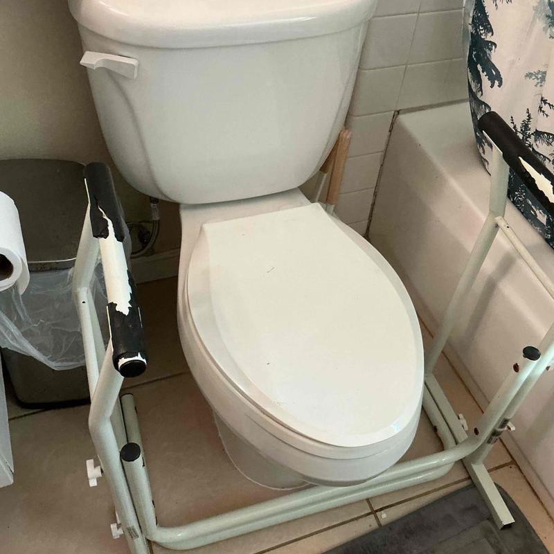Toilet with safety frame in bathroom corner