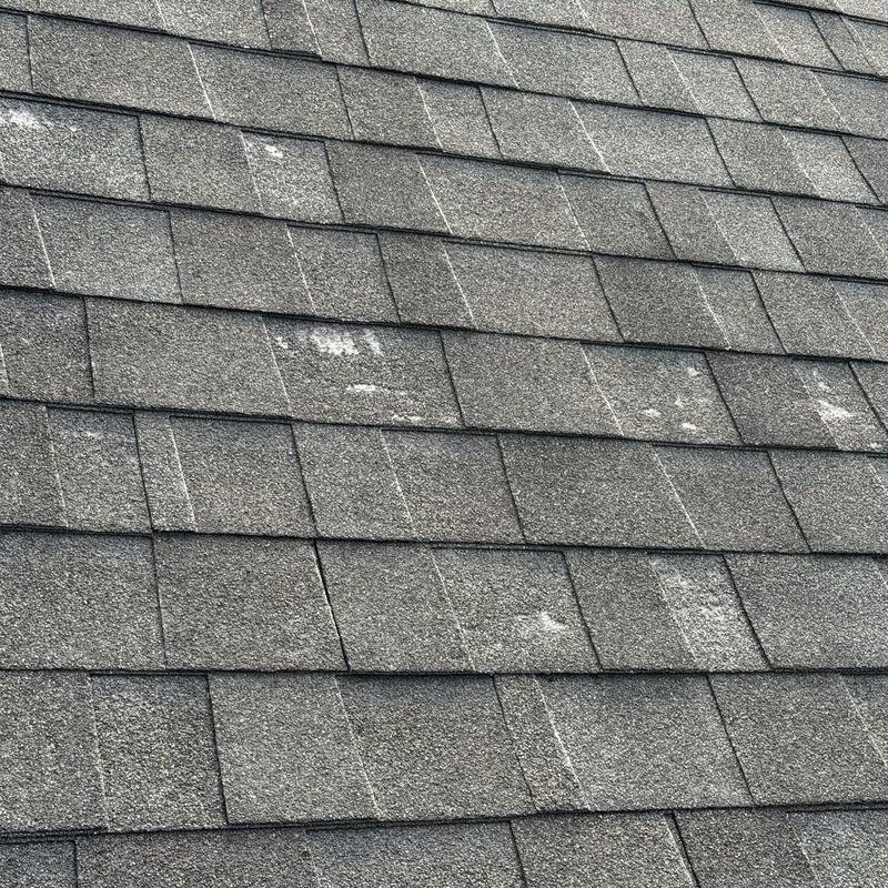 Asphalt shingle roof with visible hail damage spots
