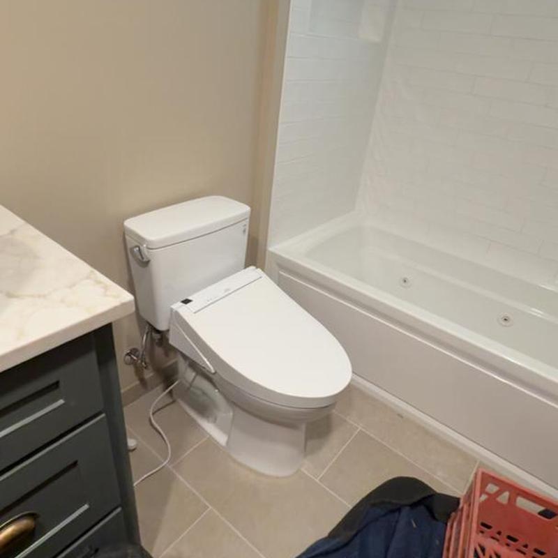 Toilet with bidet seat installation in bathroom remodel