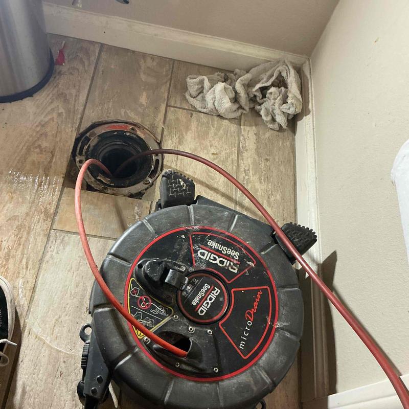 Toilet flange with drain cleaning snake cable inserted