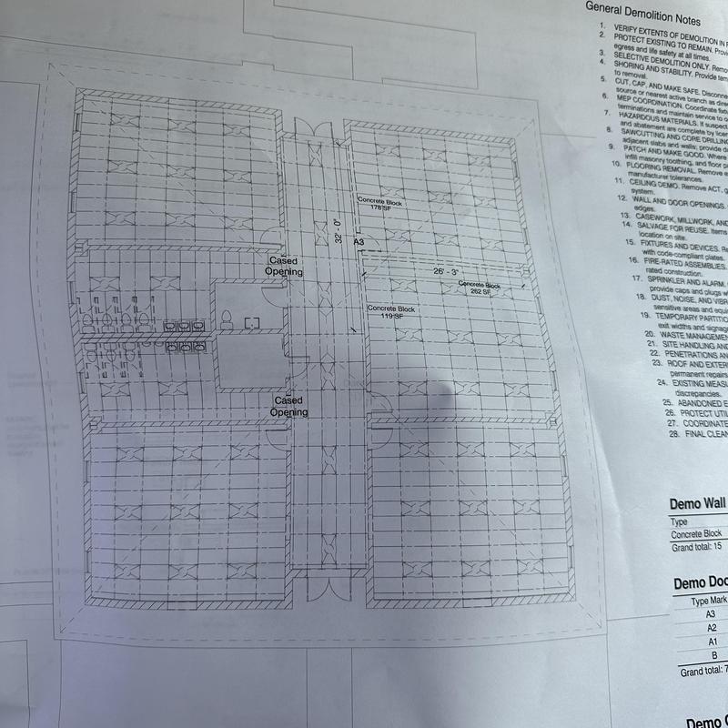 Concrete block wall layout with demolition notes Concrete block wall layout with demolition notes