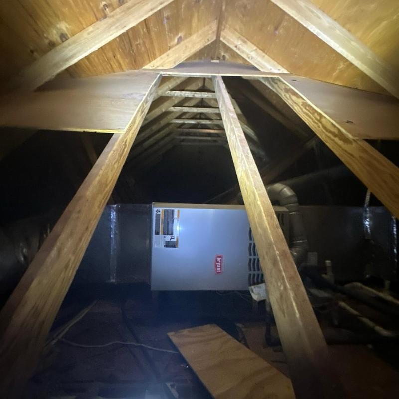 Furnace unit in attic roof inspection in Florence, MS