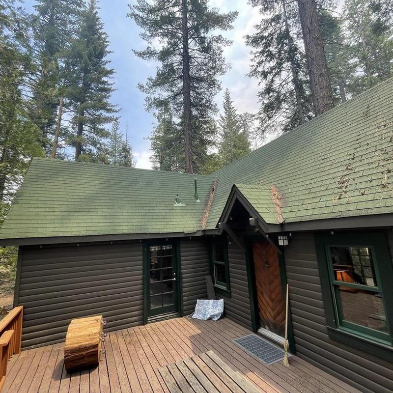 Asphalt shingle roof with dry rot on forest cabin deck