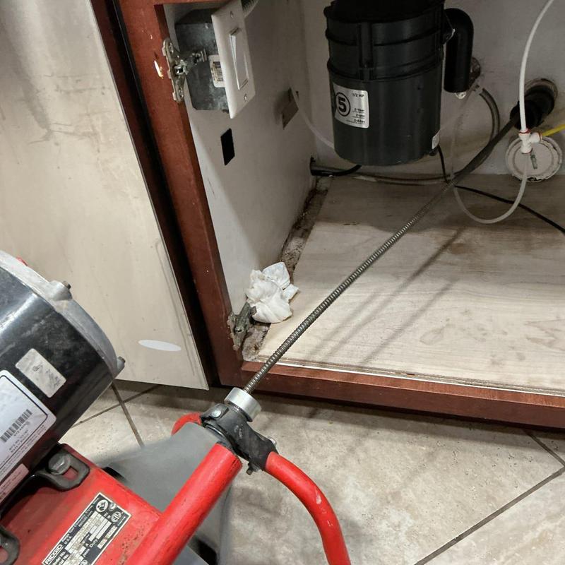 Mainline drain snake clearing clog through cleanout