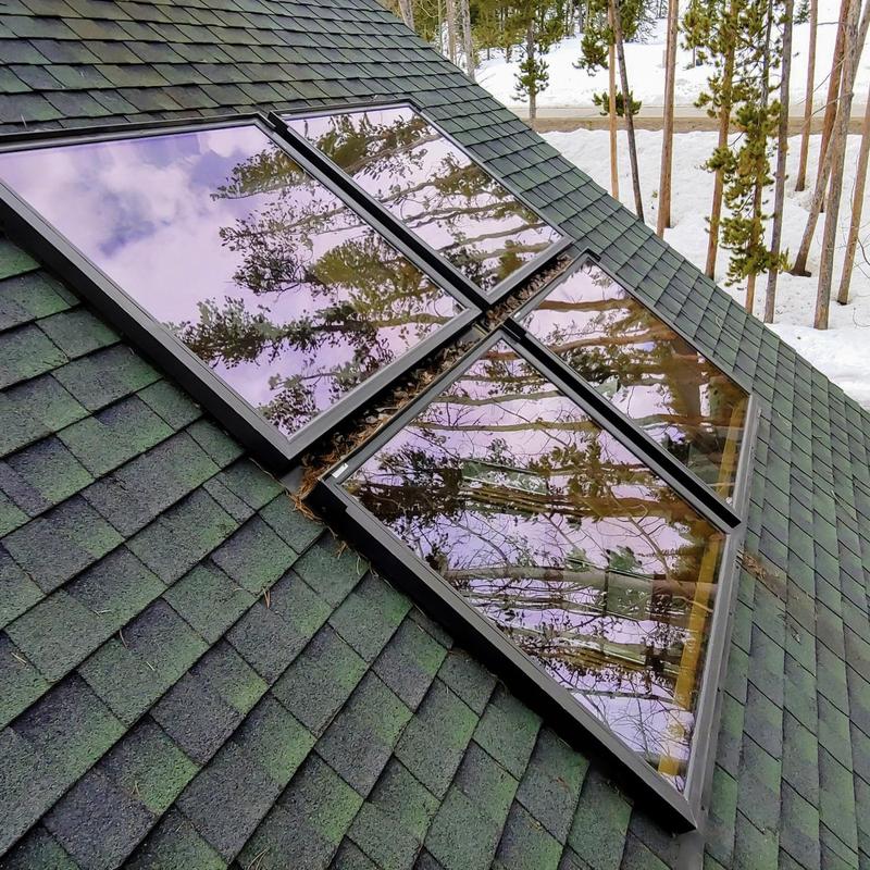 Velux skylights on green shingle roof reflecting trees Velux skylights on green shingle roof reflecting trees
