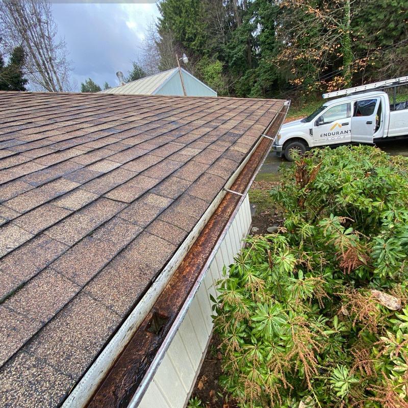 Roof gutter with rust and debris before cleaning