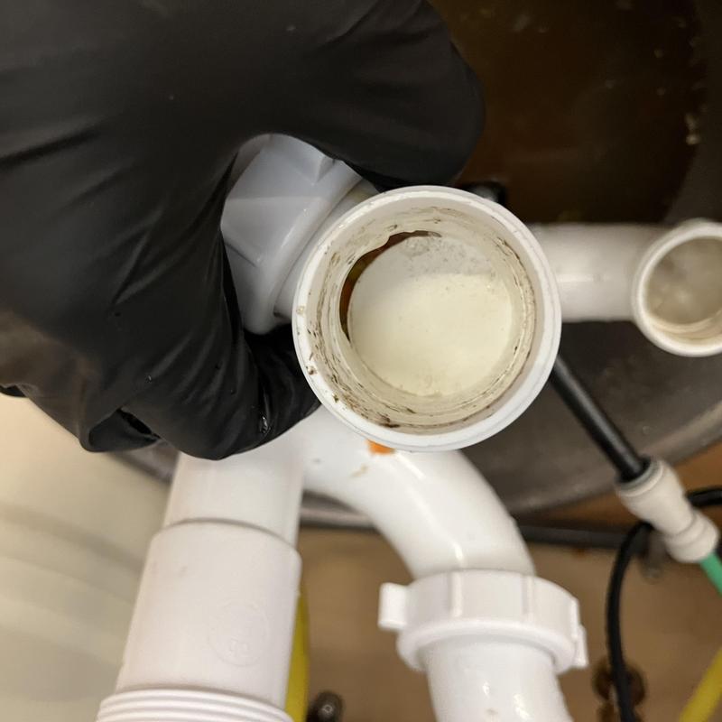 Kitchen disposal drain line with food buildup cleaning