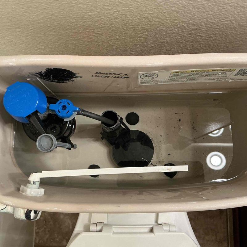 Toilet tank flapper and fill valve assembly inside view