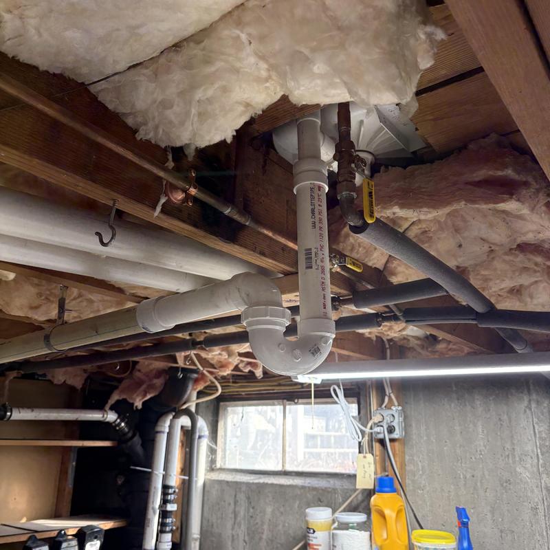 PVC P-trap and insulated hot water pipes in basement ceiling
