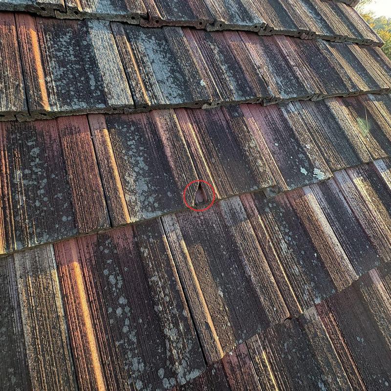 Clay roof tile with storm damage circled during inspection