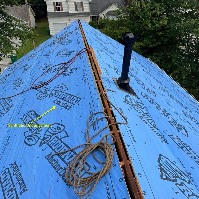 Synthetic roof underlayment installation on pitched roof Synthetic roof underlayment installation on pitched roof