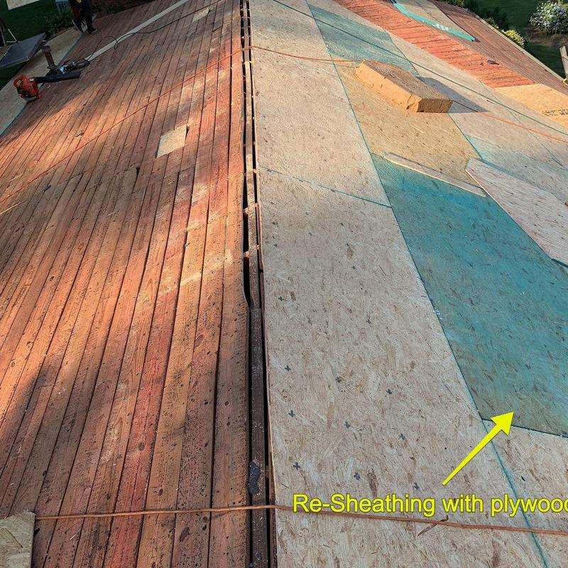 Roof plywood sheathing installation on storm-damaged roof Roof plywood sheathing installation on storm-damaged roof