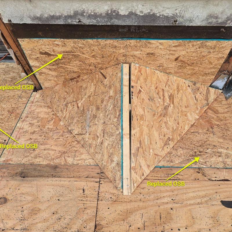 Replaced OSB decking on roof chimney cricket Replaced OSB decking on roof chimney cricket