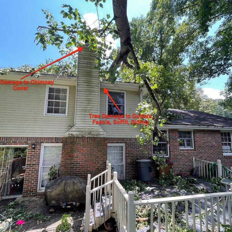 Chimney cover and gutter damage from fallen tree Chimney cover and gutter damage from fallen tree
