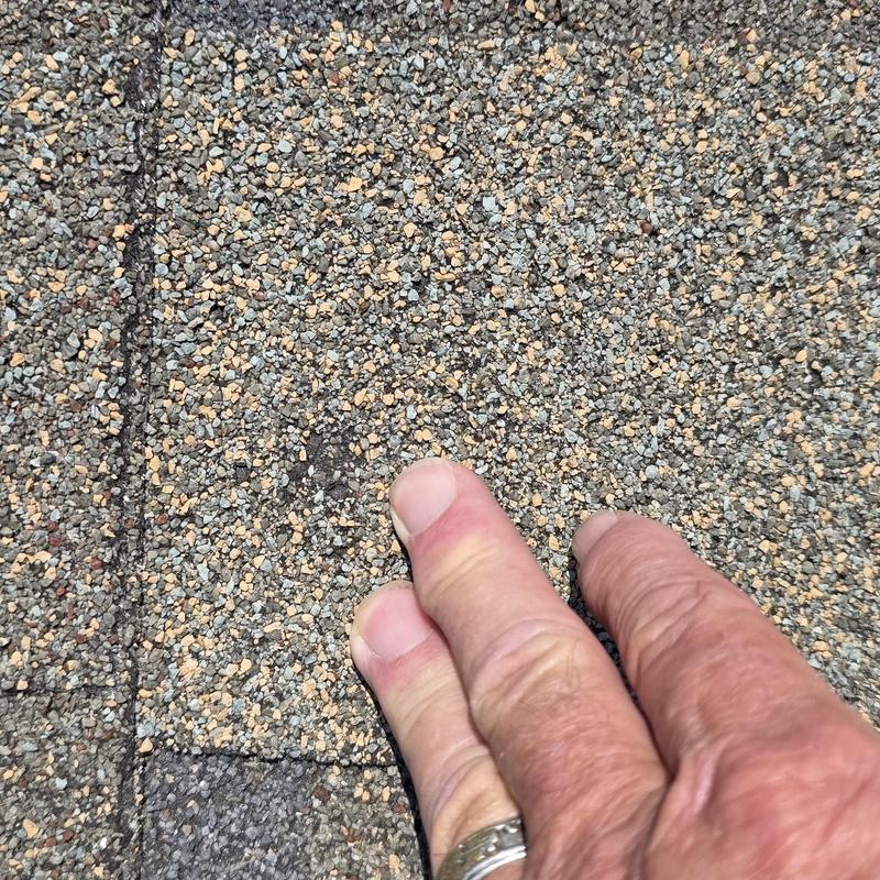 Asphalt shingle roof hail and wind impact close-up