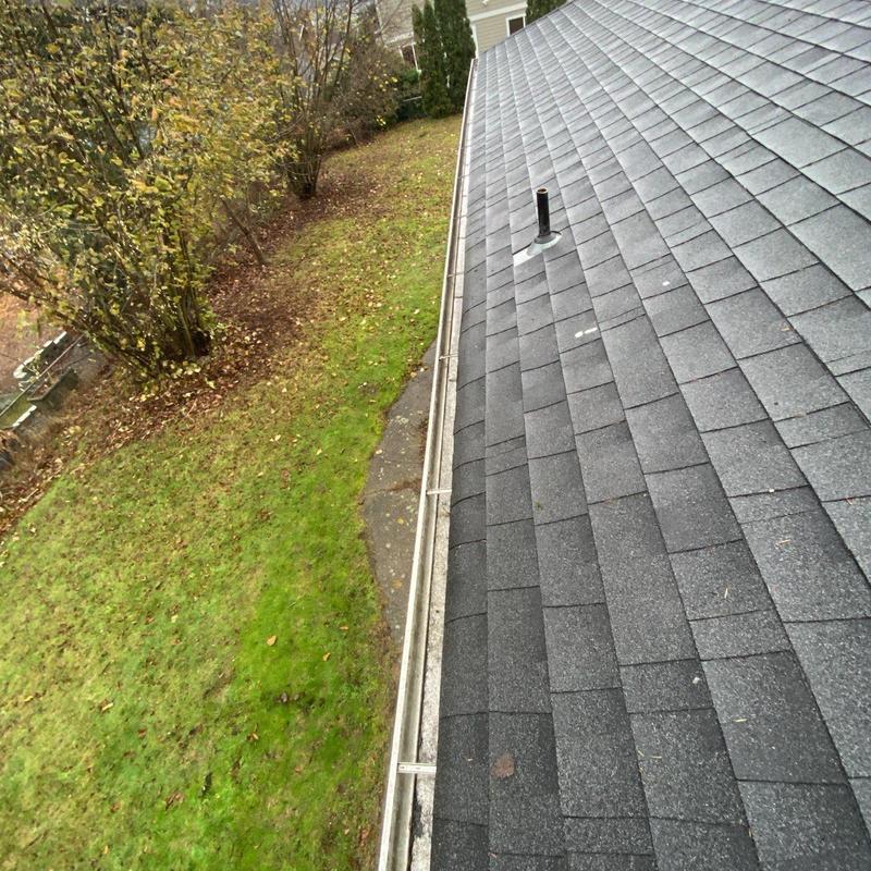 Roof shingles and gutters with fallen leaves cleared