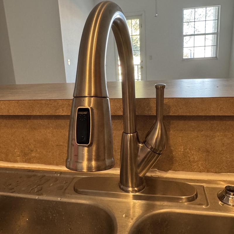 Kitchen sink faucet installation with sprayer in stainless steel