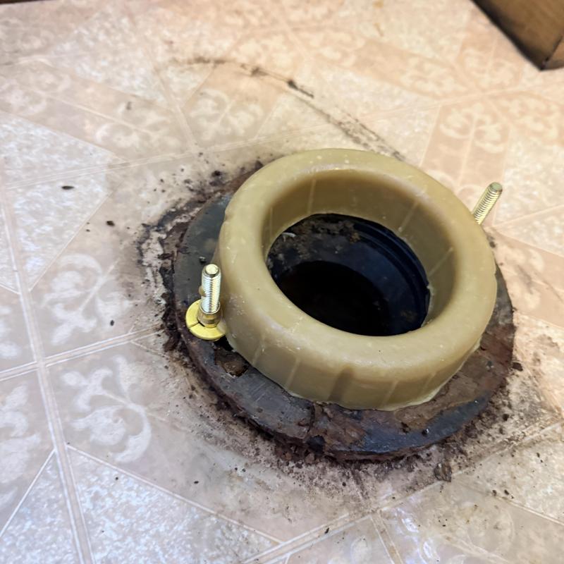Toilet flange with new bolts on worn floor surface