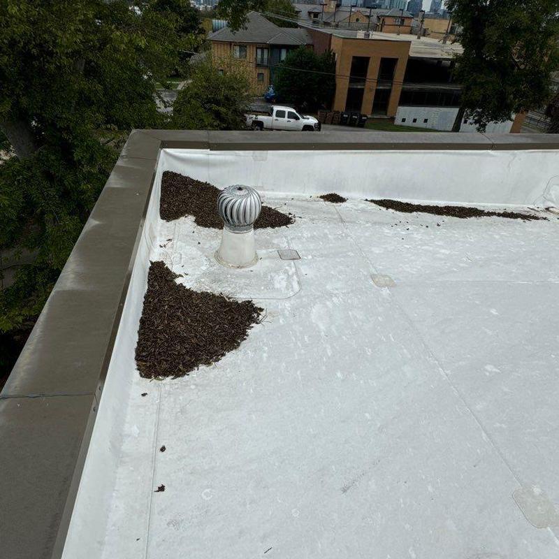 Flat roof with debris near ventilation turbine