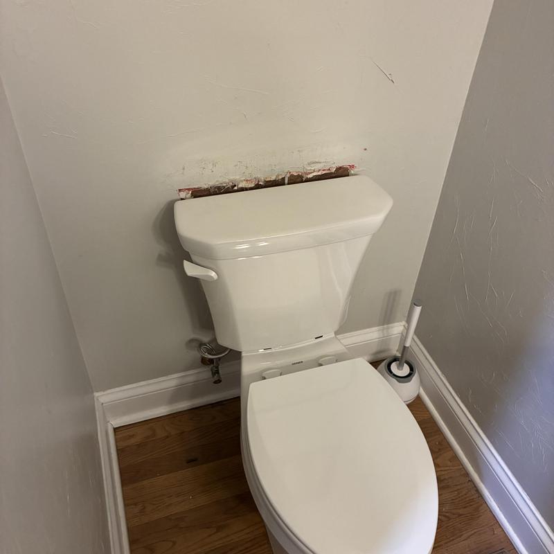 Elongated 10-inch rough toilet installed in small bathroom