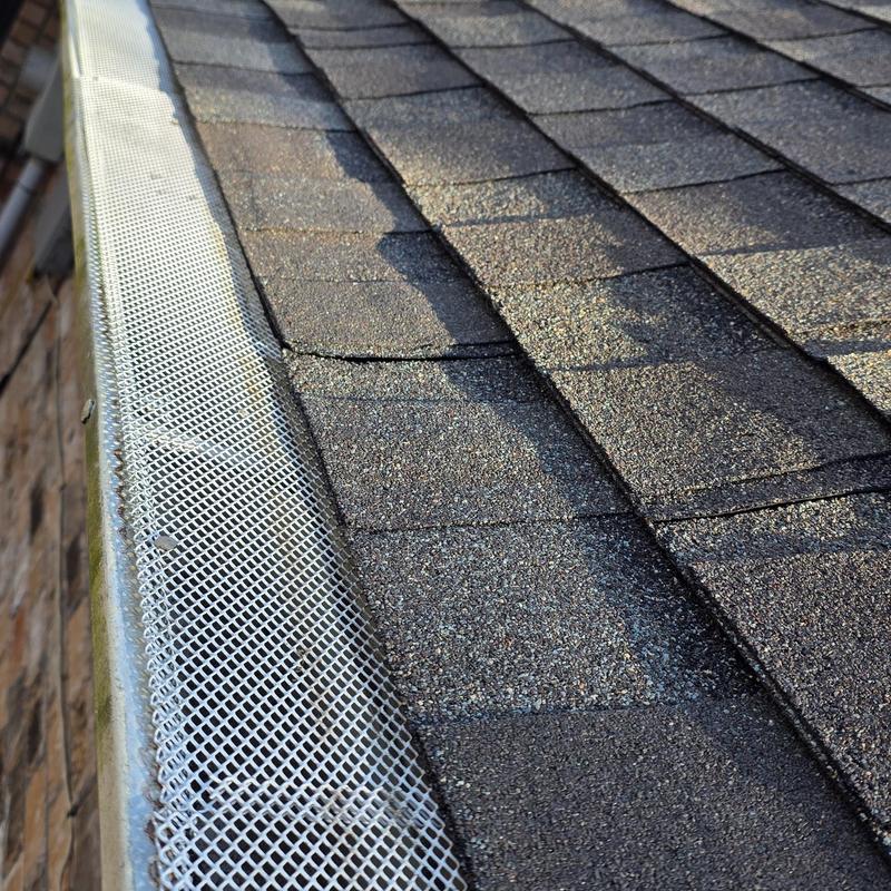 Asphalt roof shingles with hail damage near gutter guard Asphalt roof shingles with hail damage near gutter guard
