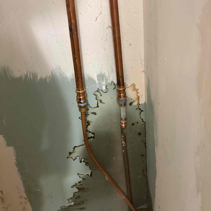 Copper water lines with pro press fittings and wall damage