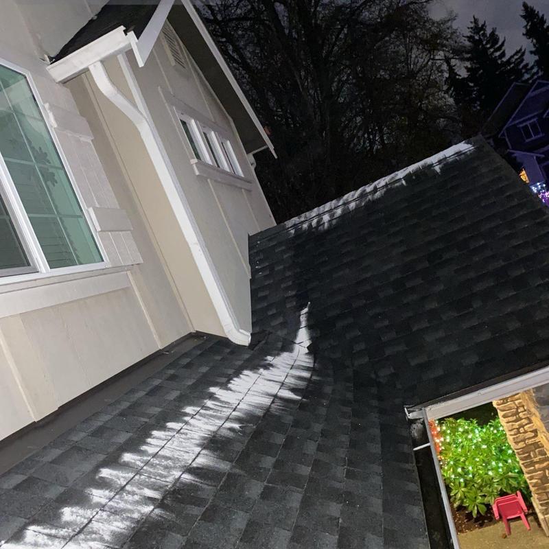 Shingle roof moss treatment and gutter cleaning at night