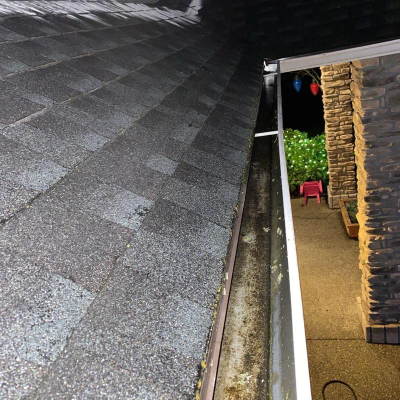 Asphalt shingle roof and gutter with debris buildup