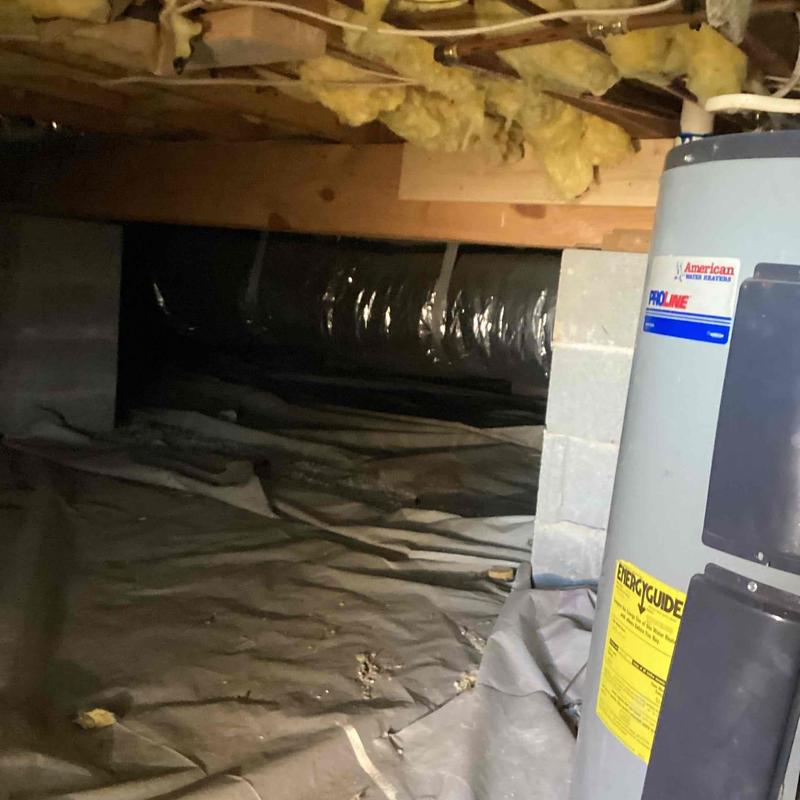 Water heater in crawl space with duct insulation above