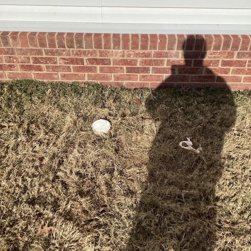 Sewer cleanout access capped in yard by brick wall