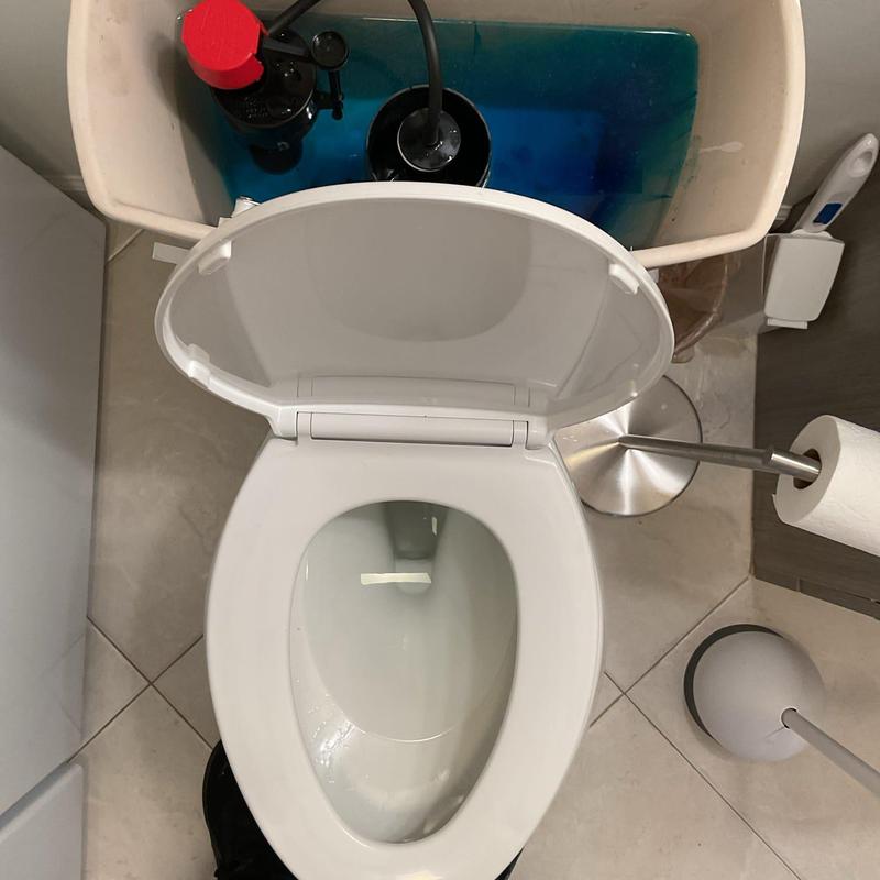 Toilet tank and bowl with open lid and rebuild parts