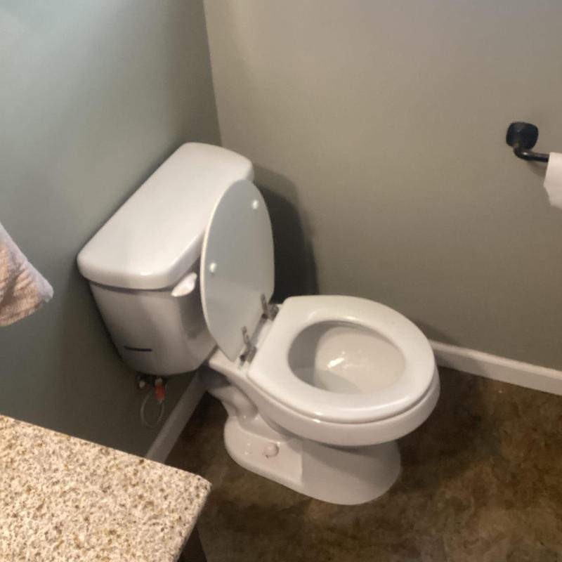 Toilet with open lid in bathroom corner