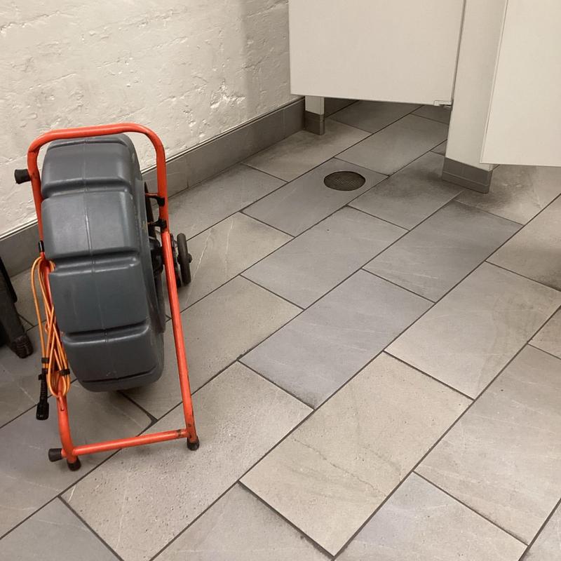 Main sewer line video inspection near floor drain