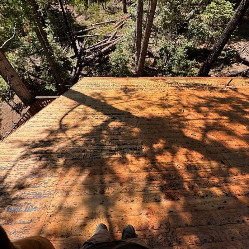 Roof decking installation with forest background shadows