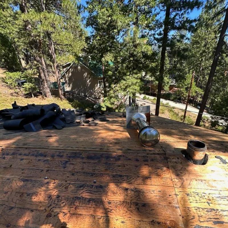 Asphalt roof decking with plumbing vents in forested area