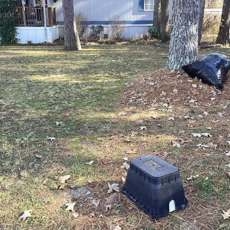 Irrigation valve box in lawn with pine needles