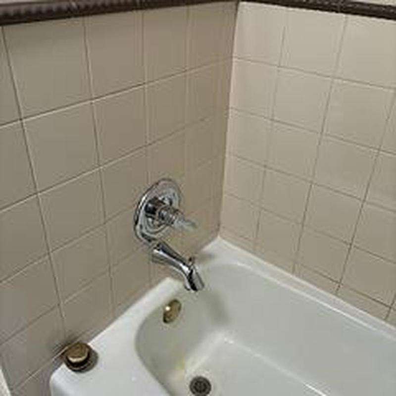 Tubshower faucet and spout in tiled bathtub corner