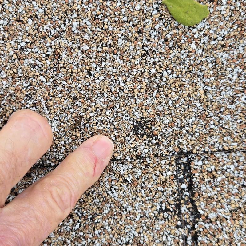 Asphalt shingle granules close-up with finger for scale