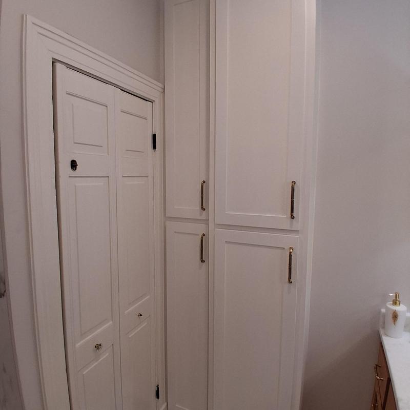 Custom white bathroom cabinets with brass handles Custom white bathroom cabinets with brass handles