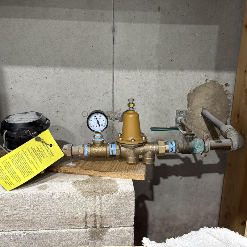 Pressure regulator with attached pressure gauge installed on water line