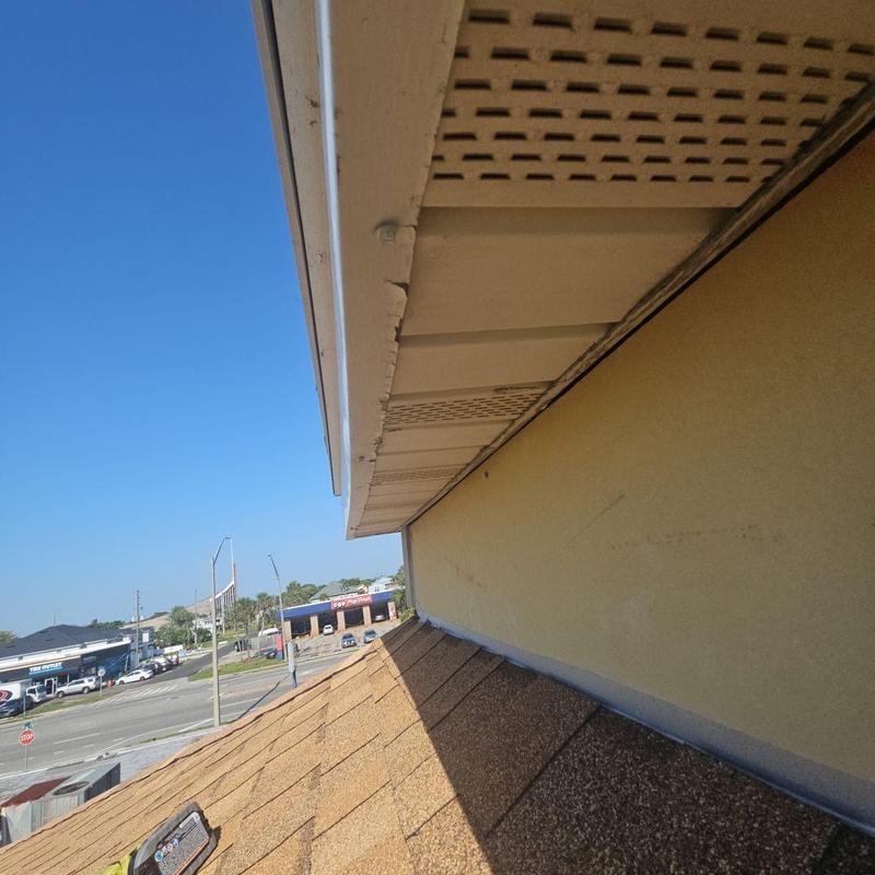 Soffit and fascia damage along roof edge, Jacksonville Beach FL Soffit and fascia damage along roof edge, Jacksonville Beach FL