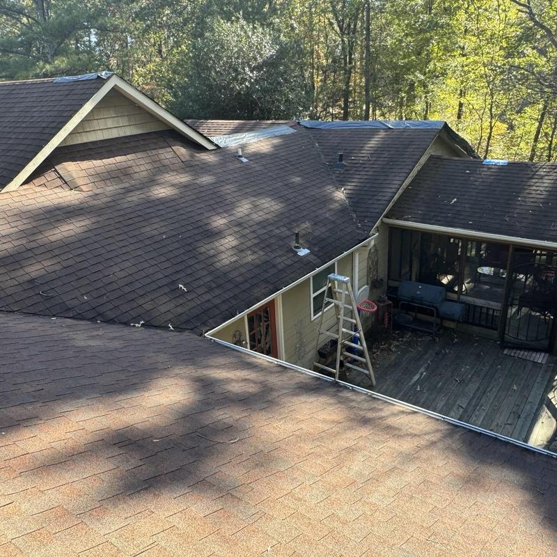GAF Timberline HDZ roof with ladder and deck below GAF Timberline HDZ roof with ladder and deck below